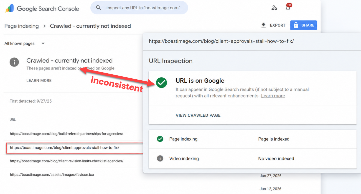 Google Search Console showing conflicting index status for the same URL